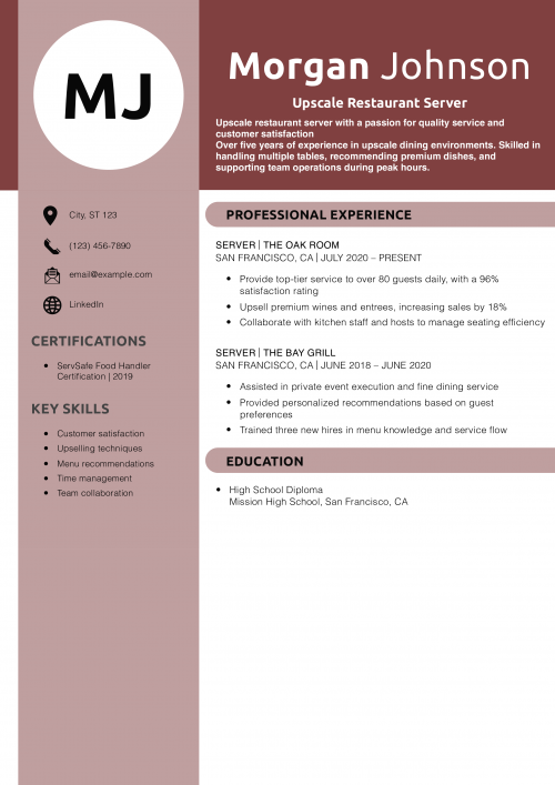 Upscale Restaurant Server Resume Example