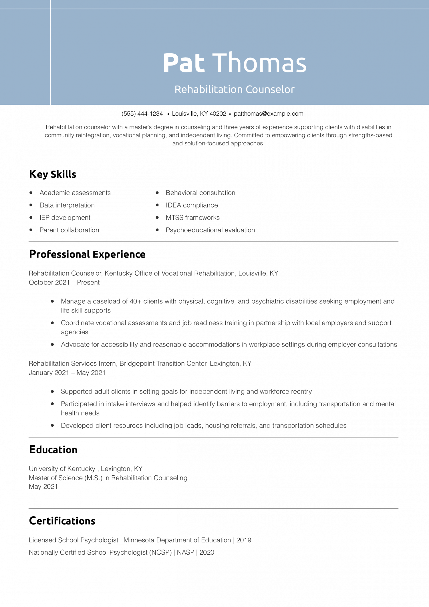 Rehabilitation Counselor Resume