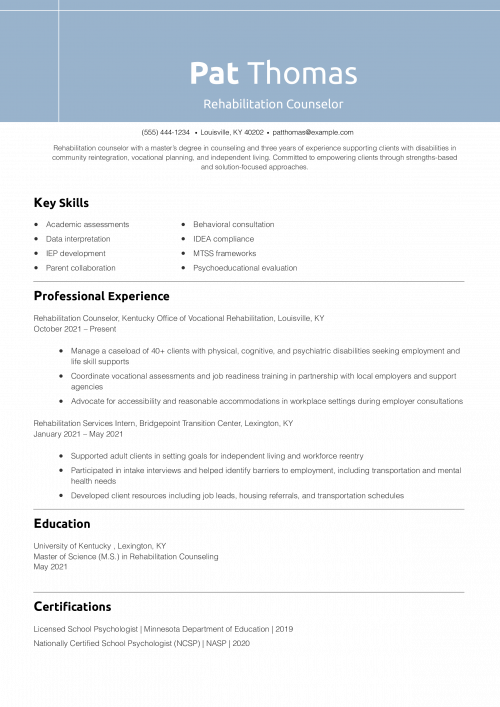 Rehabilitation Counselor Resume