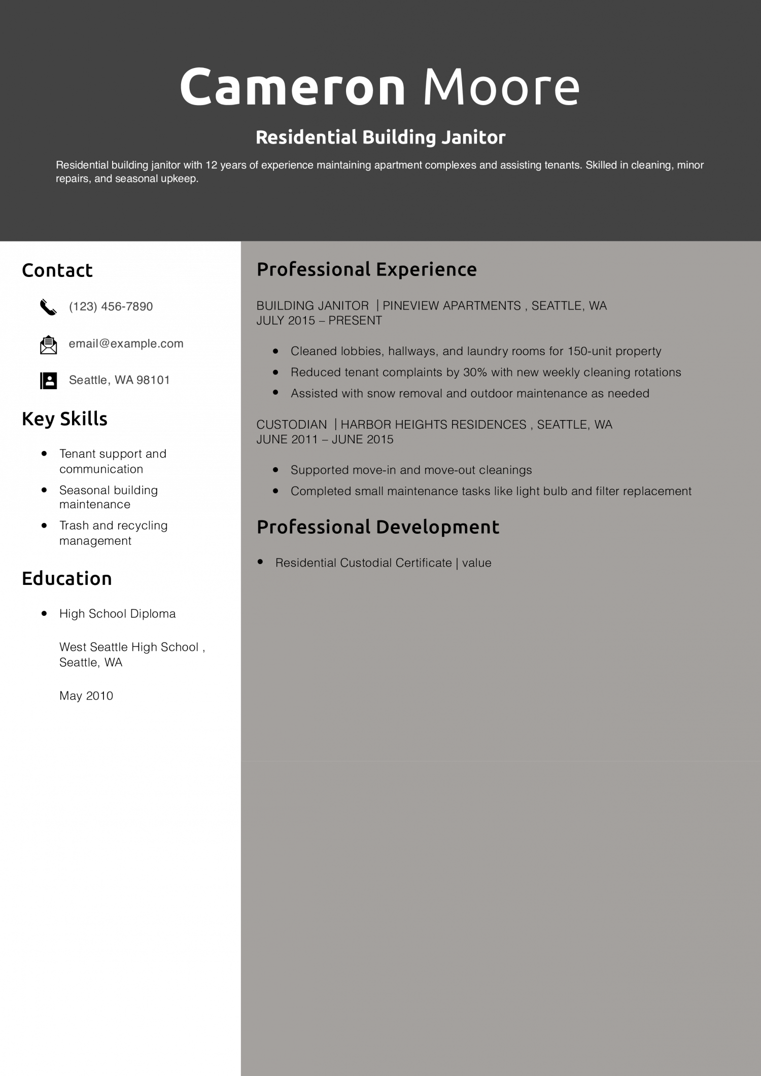 Residential Building Janitor Resume Example