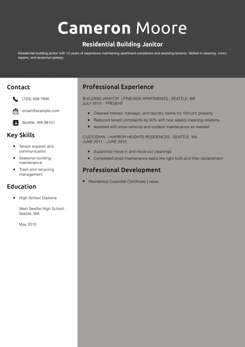 Residential Building Janitor Resume Example 
