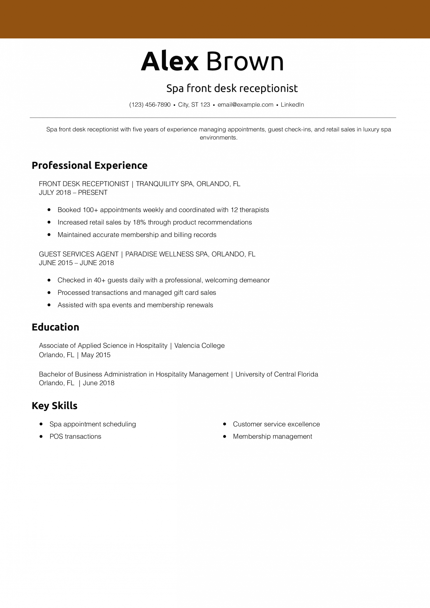 Spa front desk receptionist resume example