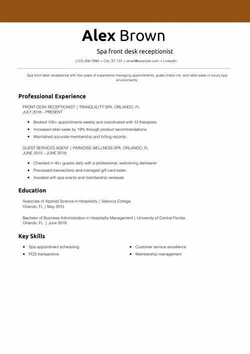 Spa front desk receptionist resume example