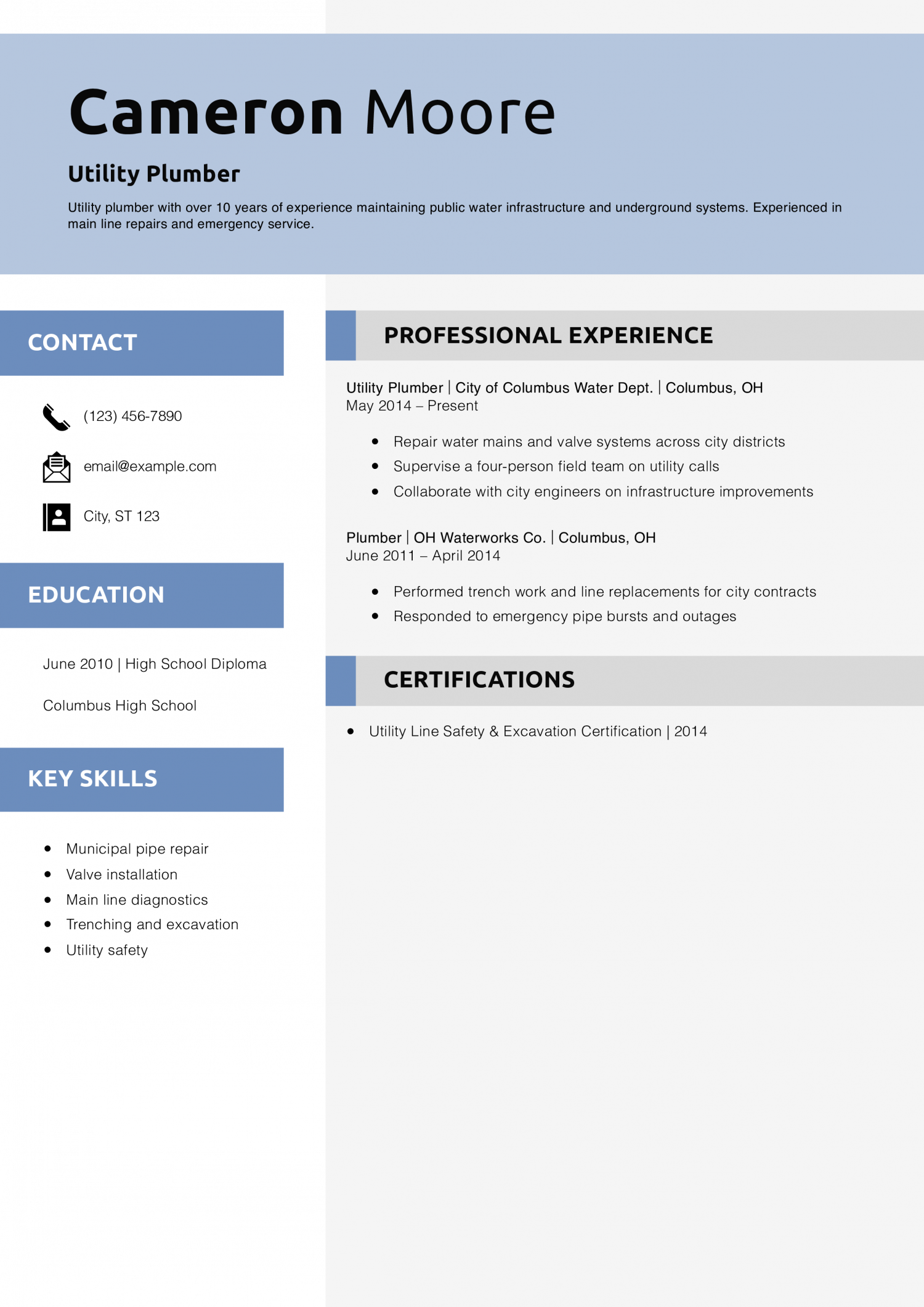Utility Plumber Resume Example