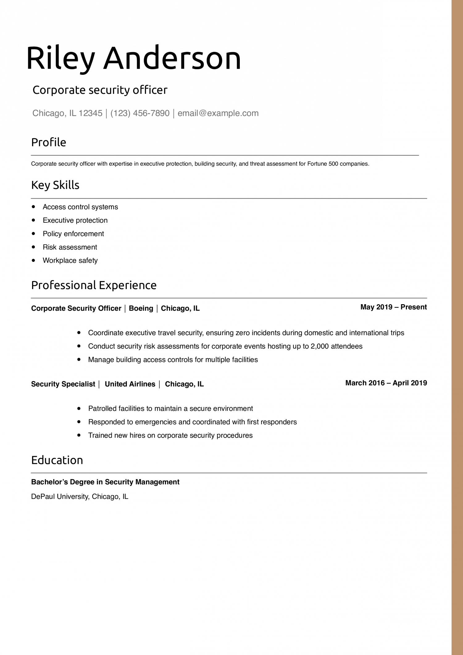 Corporate security officer resume example