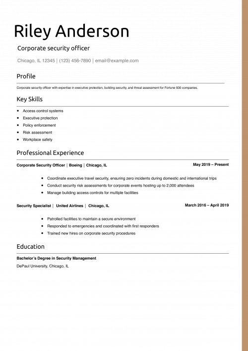 Corporate security officer resume example