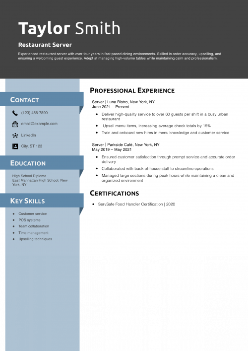 Restaurant Server Resume Example