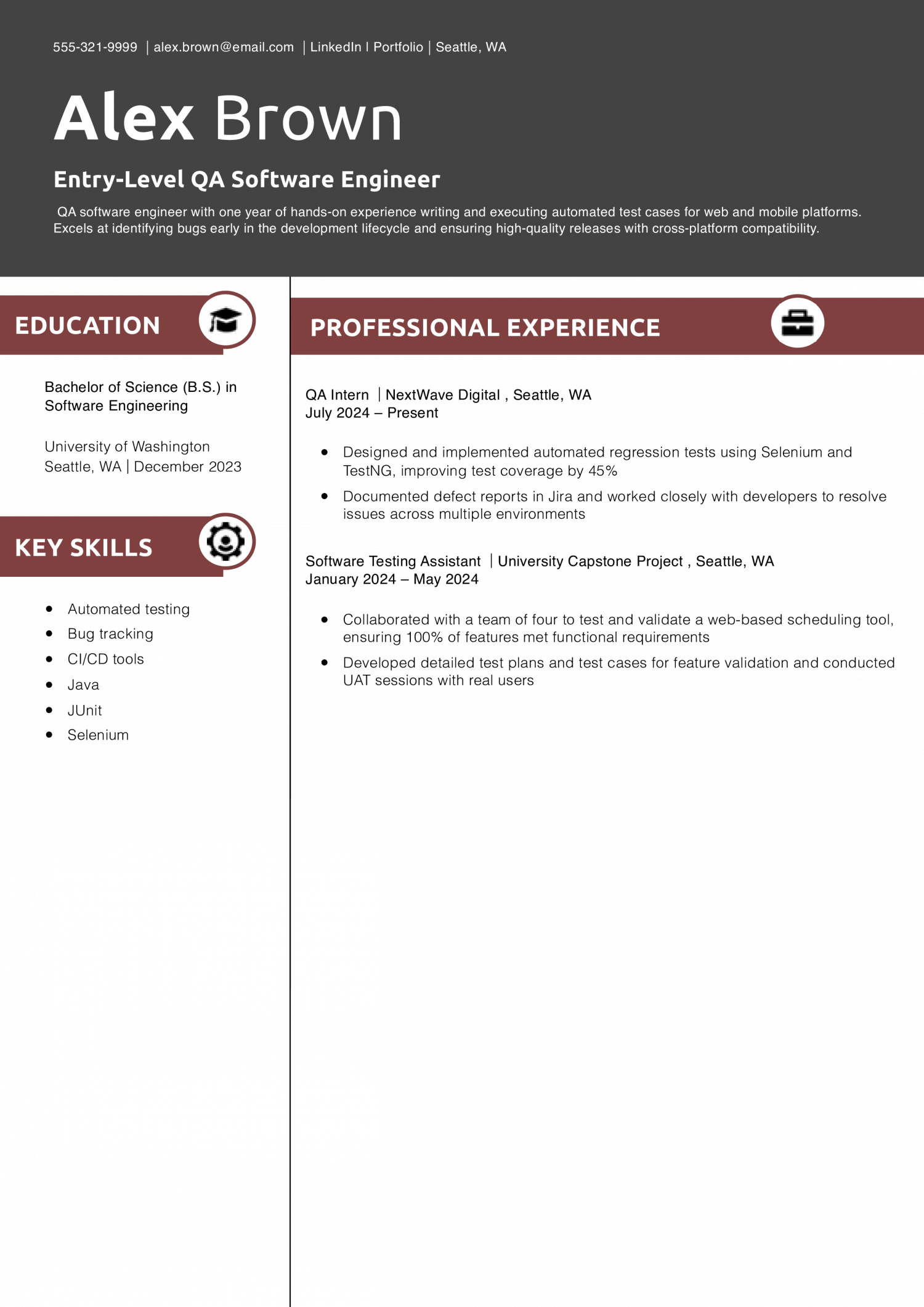 Entry-Level QA Software Engineer Resume 