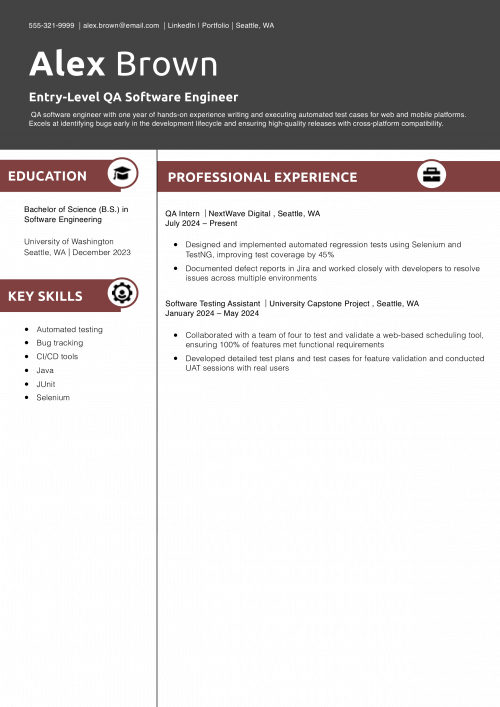 Entry-Level QA Software Engineer Resume 