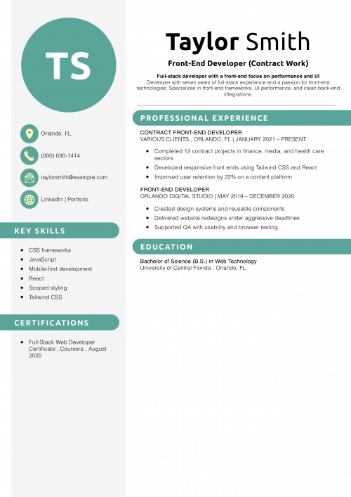 Front-End Developer (Contract Work) Resume 