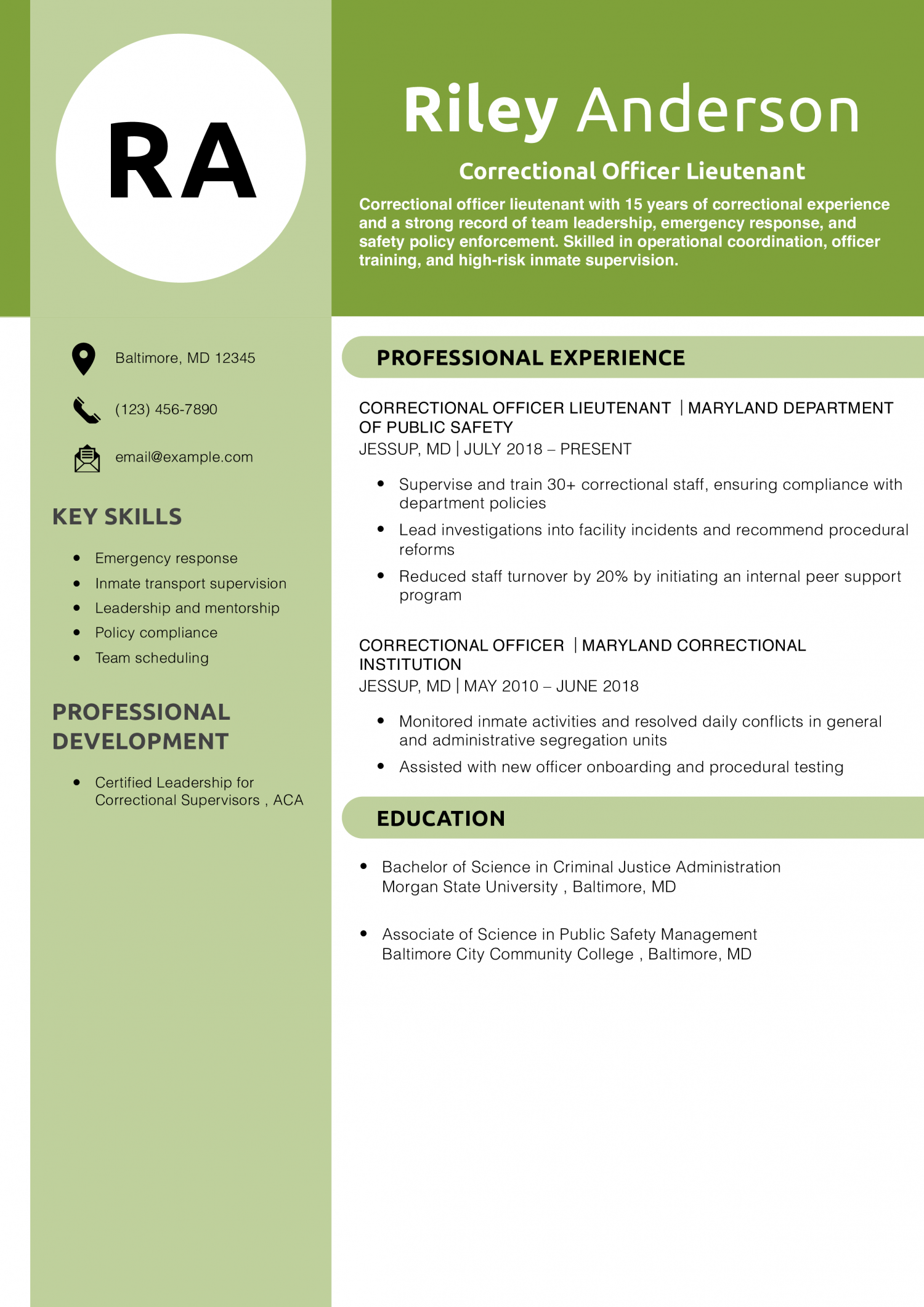 Correctional Officer Lieutenant Resume Example 