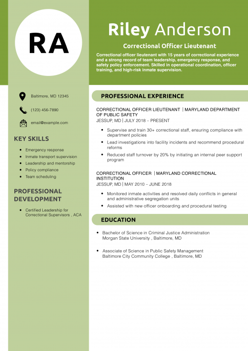 Correctional Officer Lieutenant Resume Example 