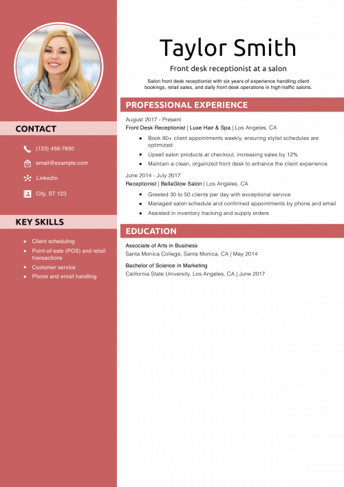 Front desk receptionist at a salon resume example