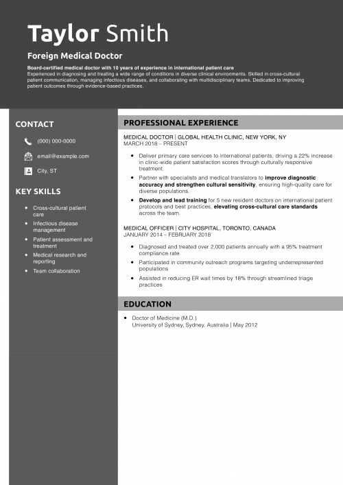 Foreign Medical Doctor Resume