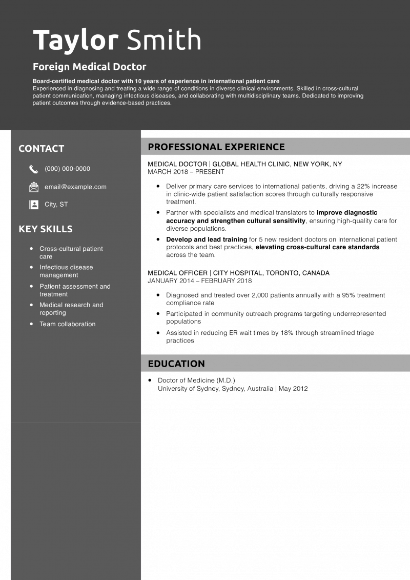 Foreign Medical Doctor Resume