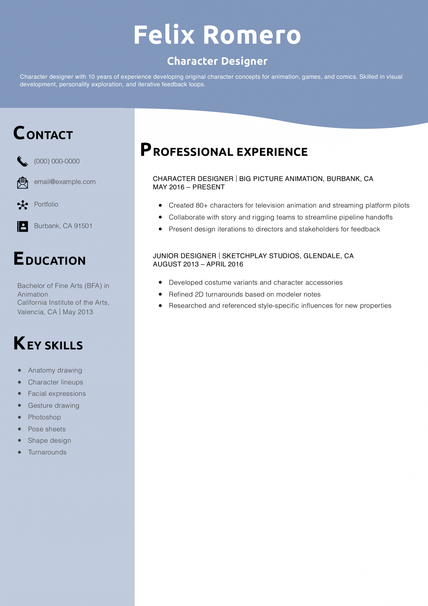 Character Designer Resume Example