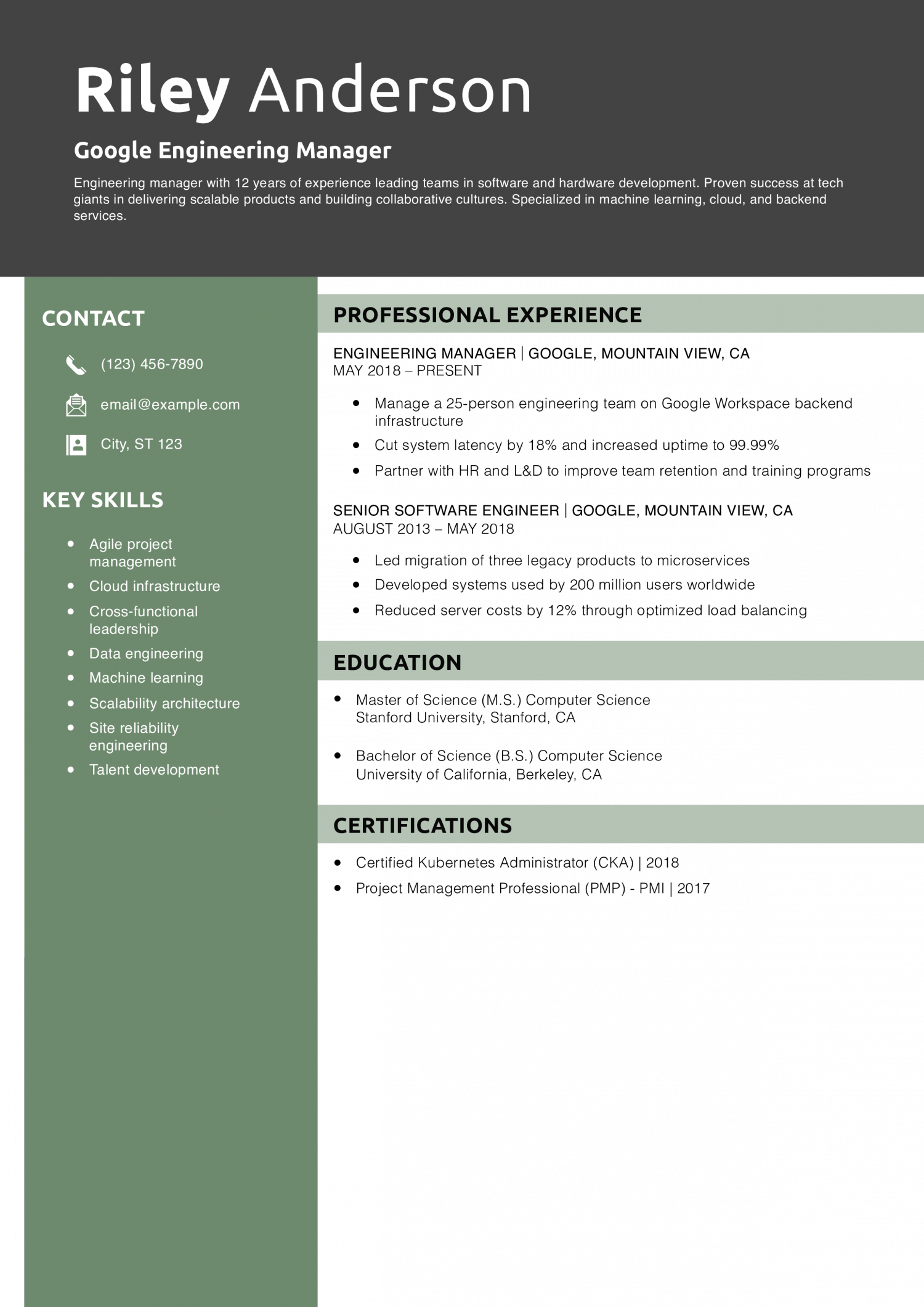 Google Engineering Manager Resume Example