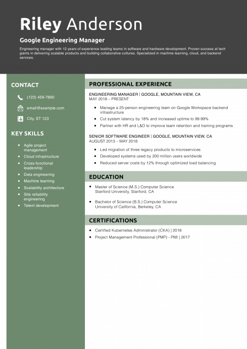 Google Engineering Manager Resume Example