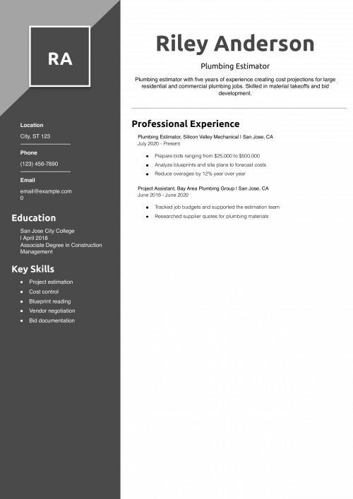 Plumbing Estimator Resume Example