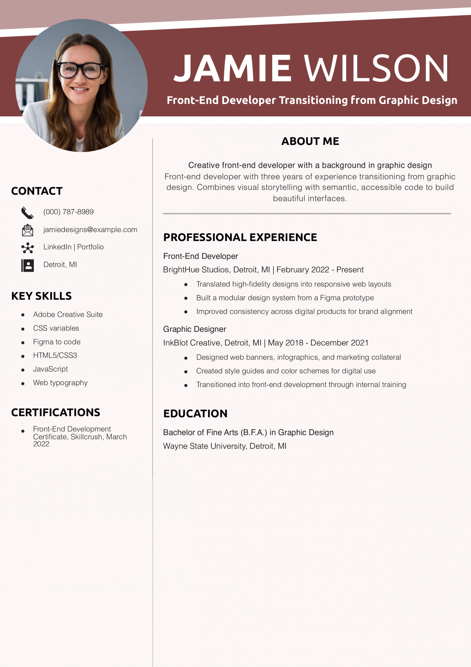 Front-End Developer Transitioning from Graphic Design Resume 