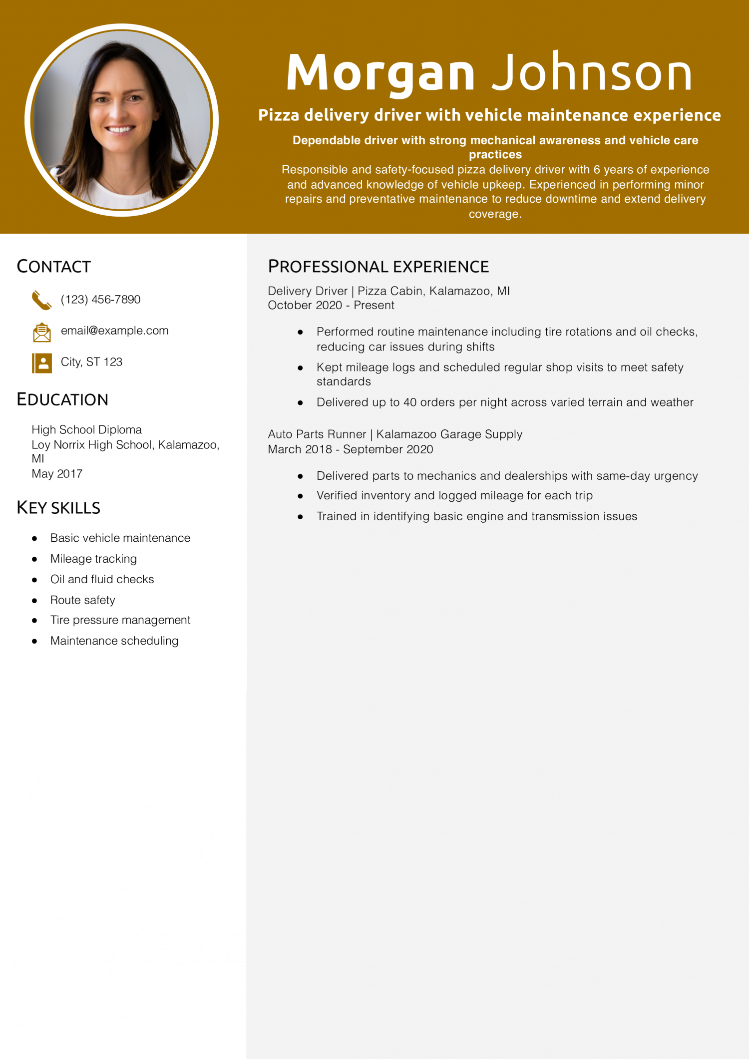 Pizza delivery driver with vehicle maintenance experience resume example