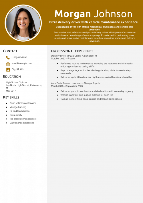 Pizza delivery driver with vehicle maintenance experience resume example