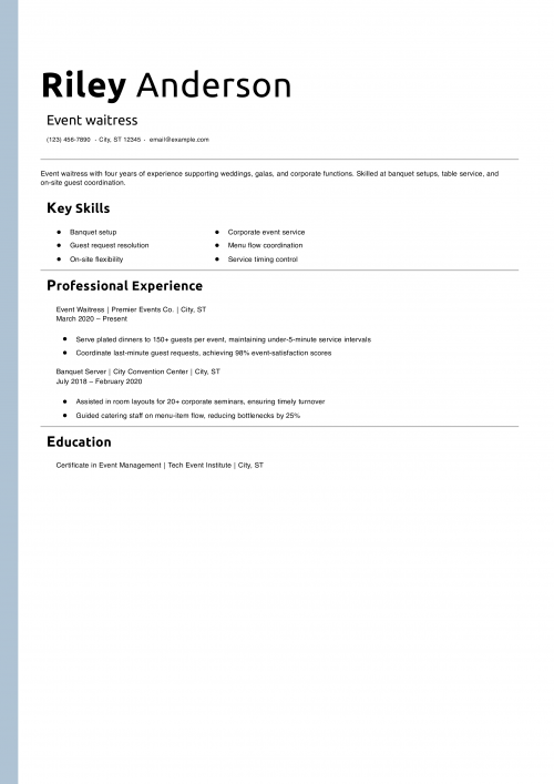 Event waitress resume example