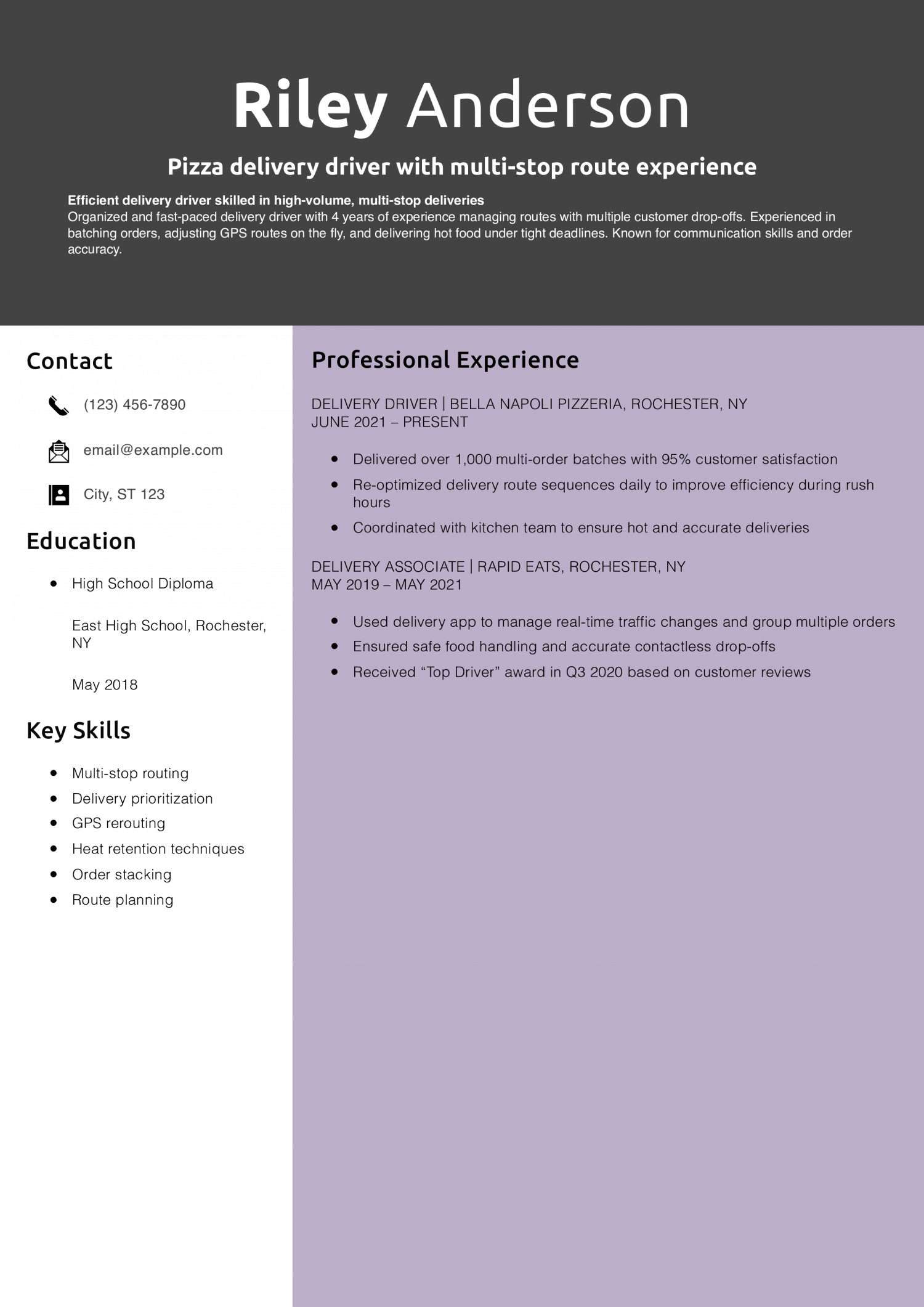 Pizza delivery driver with multi-stop route experience resume example