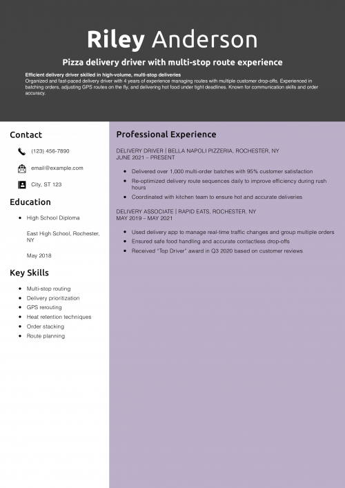 Pizza delivery driver with multi-stop route experience resume example