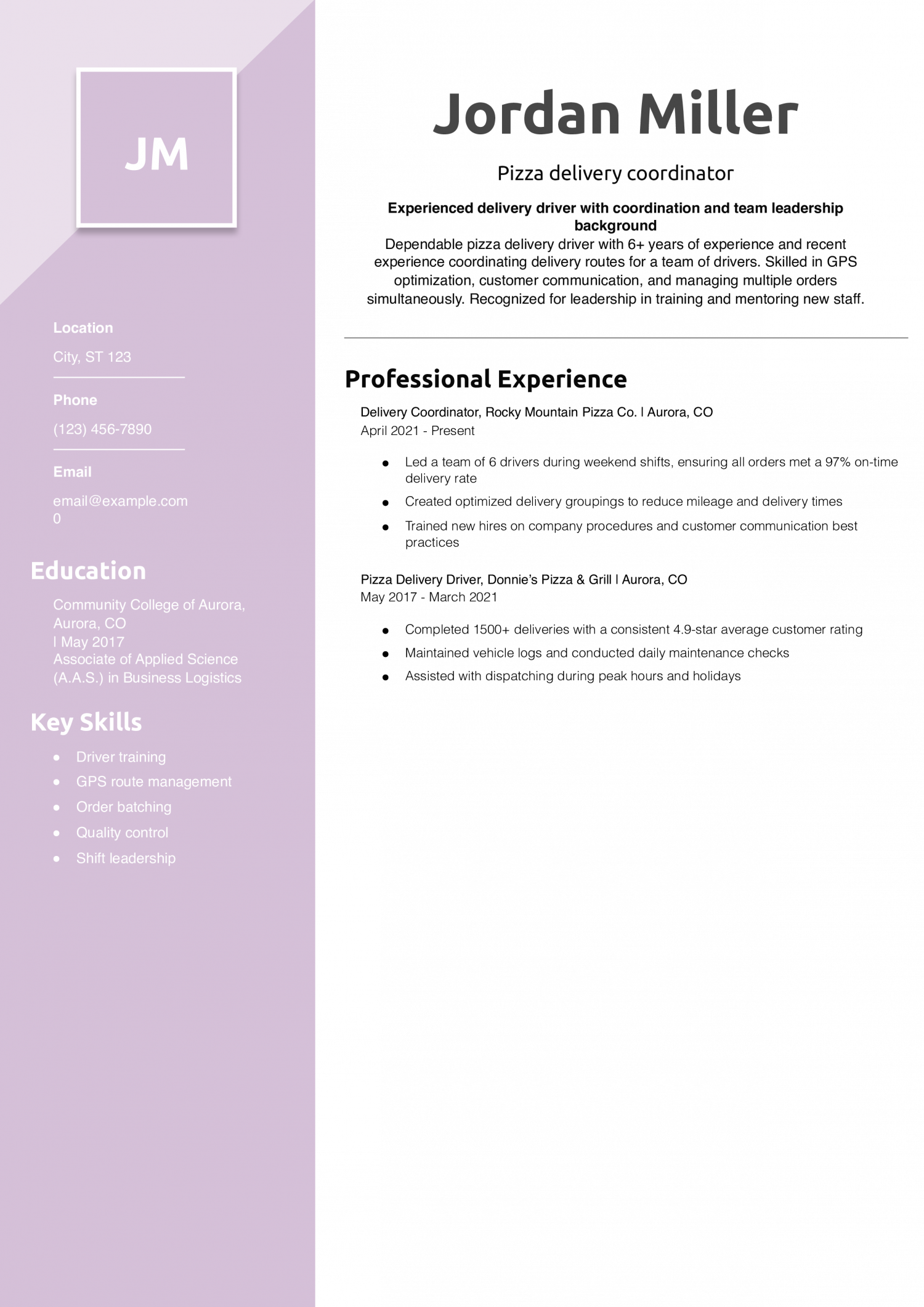 Pizza delivery coordinator resume example