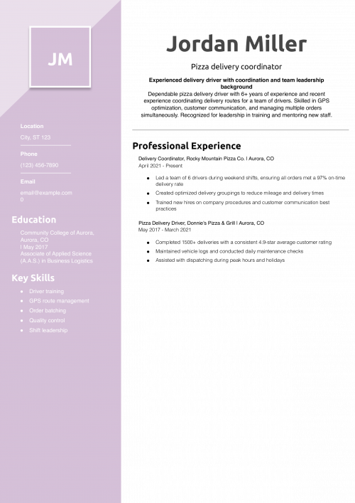 Pizza delivery coordinator resume example