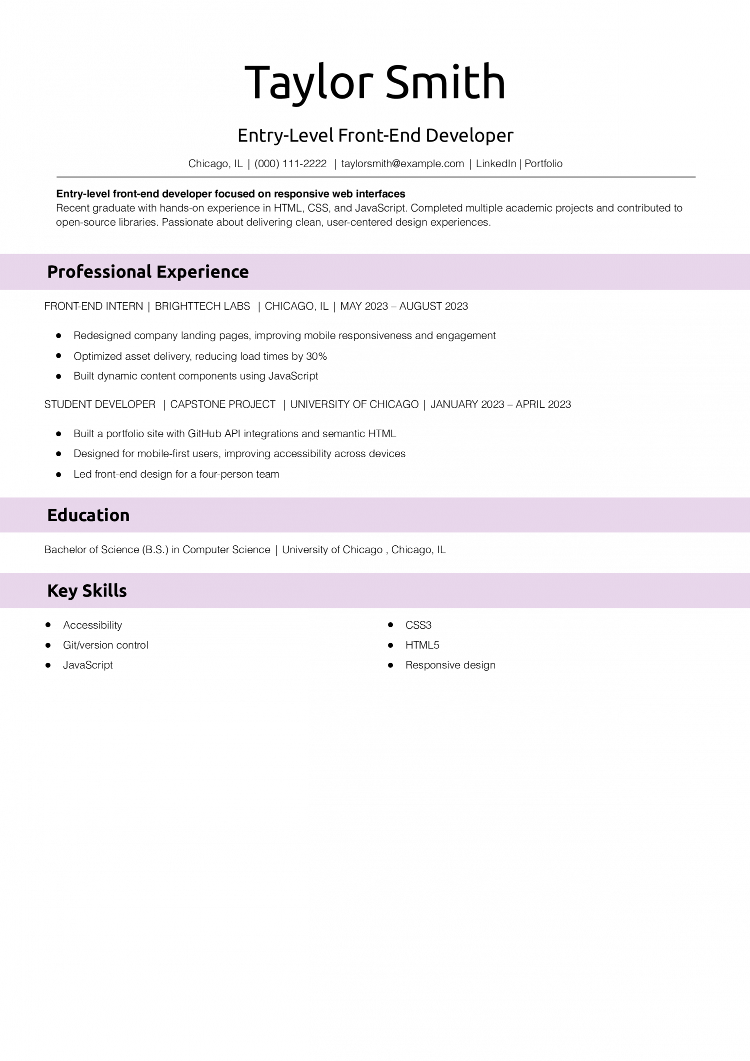 Entry-Level Front-End Developer Resume 