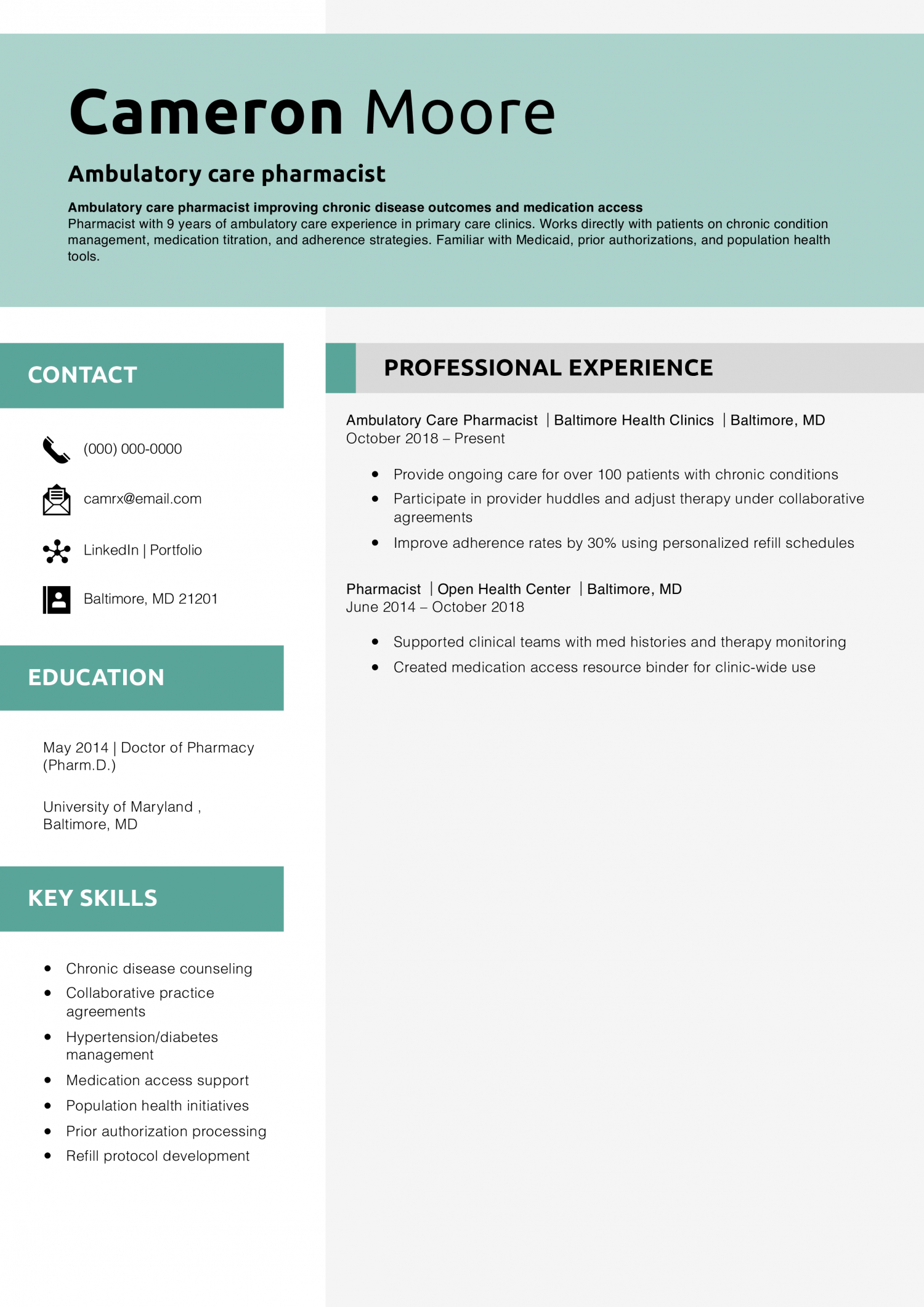 Ambulatory care pharmacist resume  