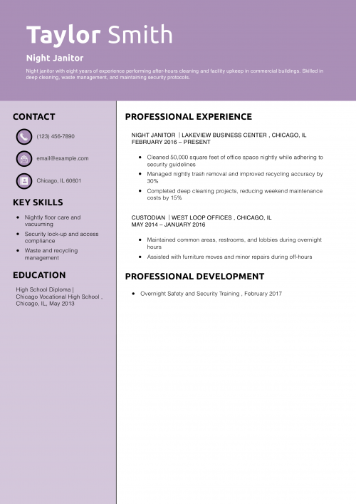 Night Janitor Resume Example 