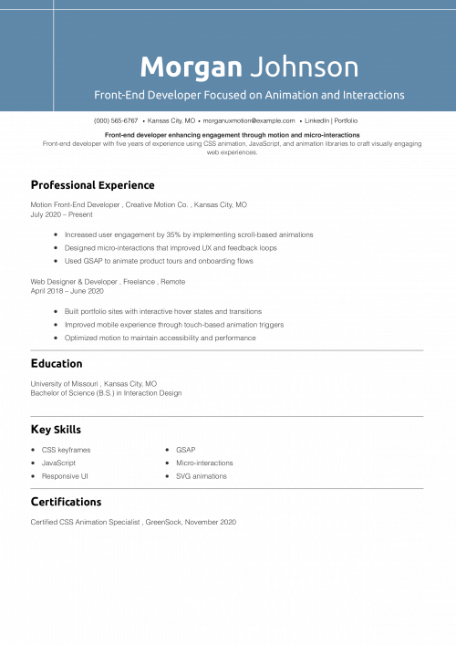 Front-End Developer Focused on Animation and Interactions Resume 