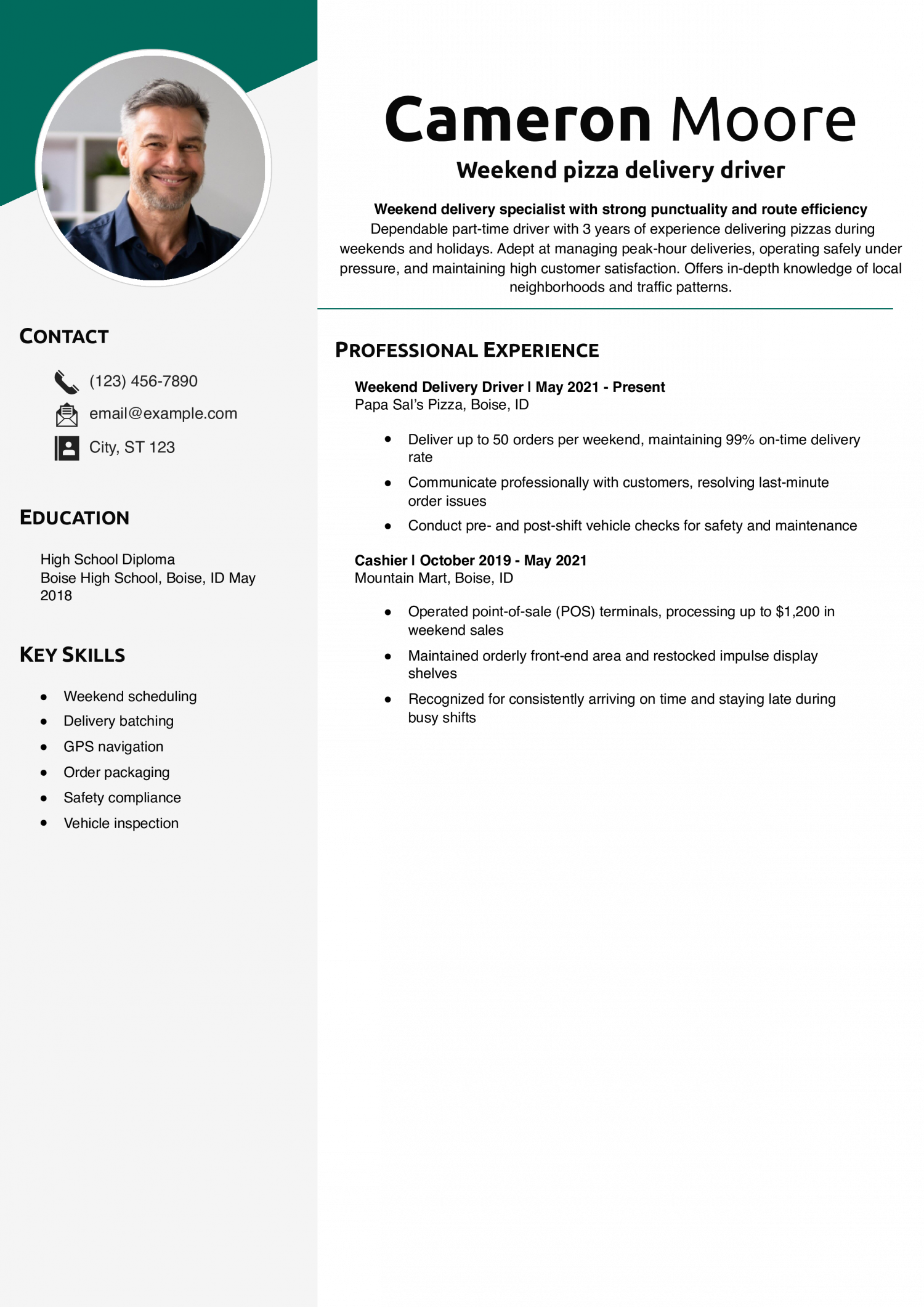 Weekend pizza delivery driver resume example