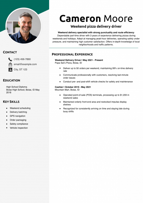 Weekend pizza delivery driver resume example