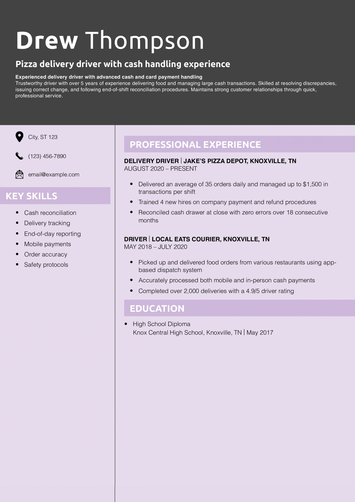 Pizza delivery driver with cash handling experience resume example