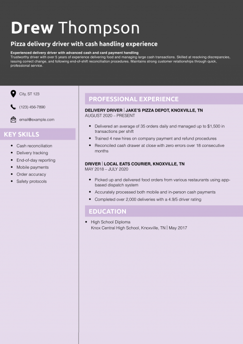 Pizza delivery driver with cash handling experience resume example