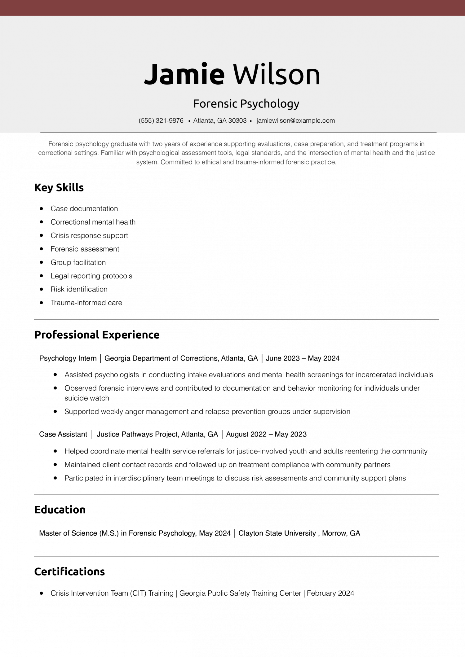 Forensic Psychology Resume