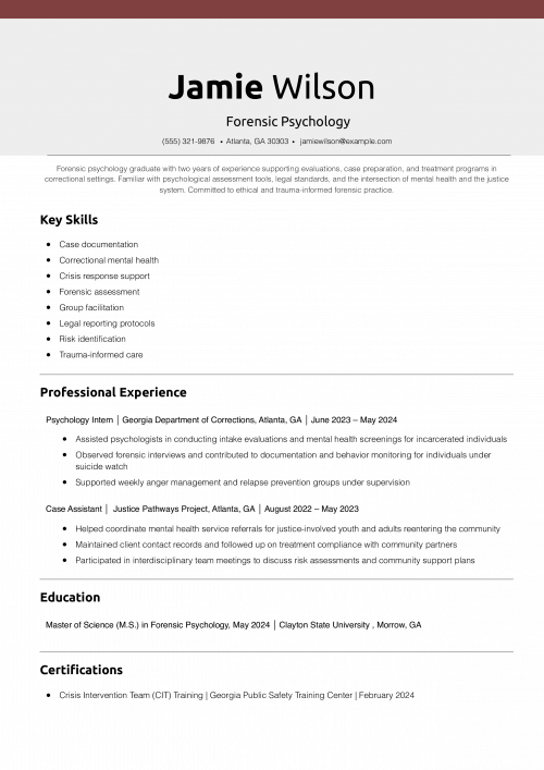 Forensic Psychology Resume