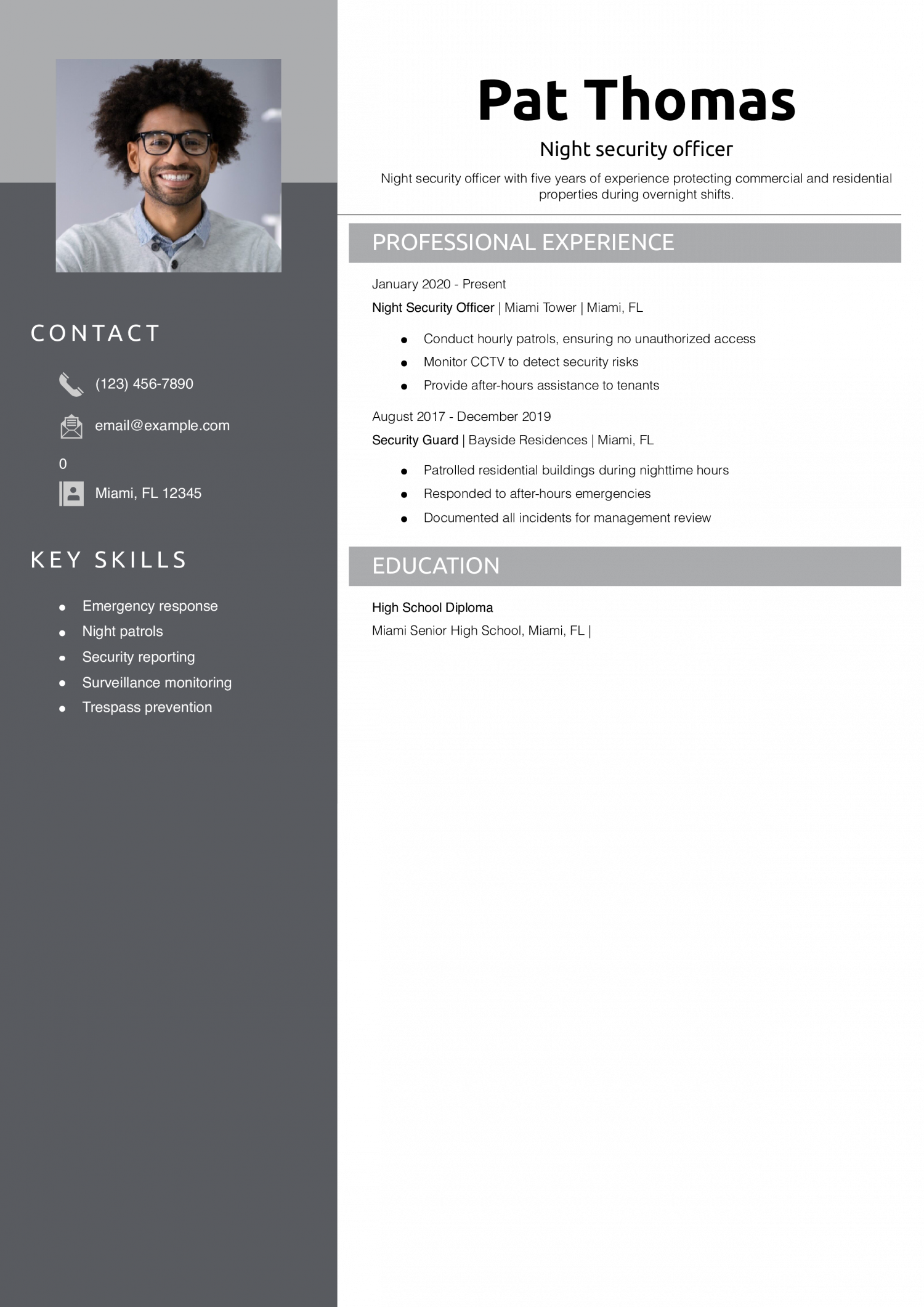 Night security officer resume example