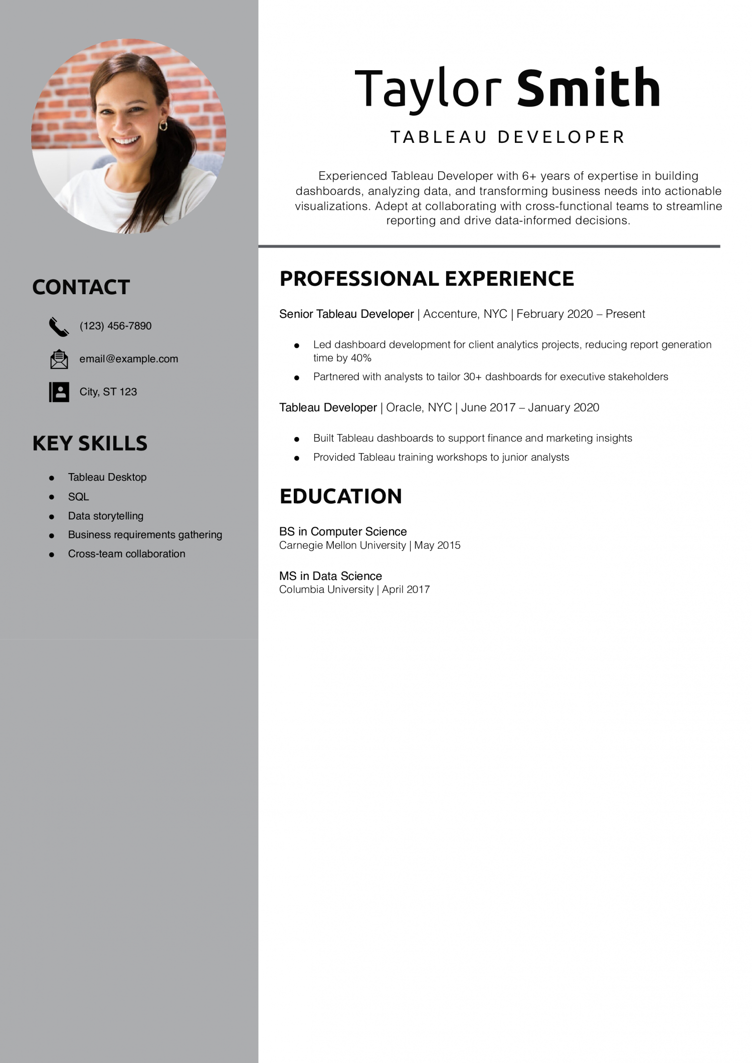 Tableau Developer Resume Example