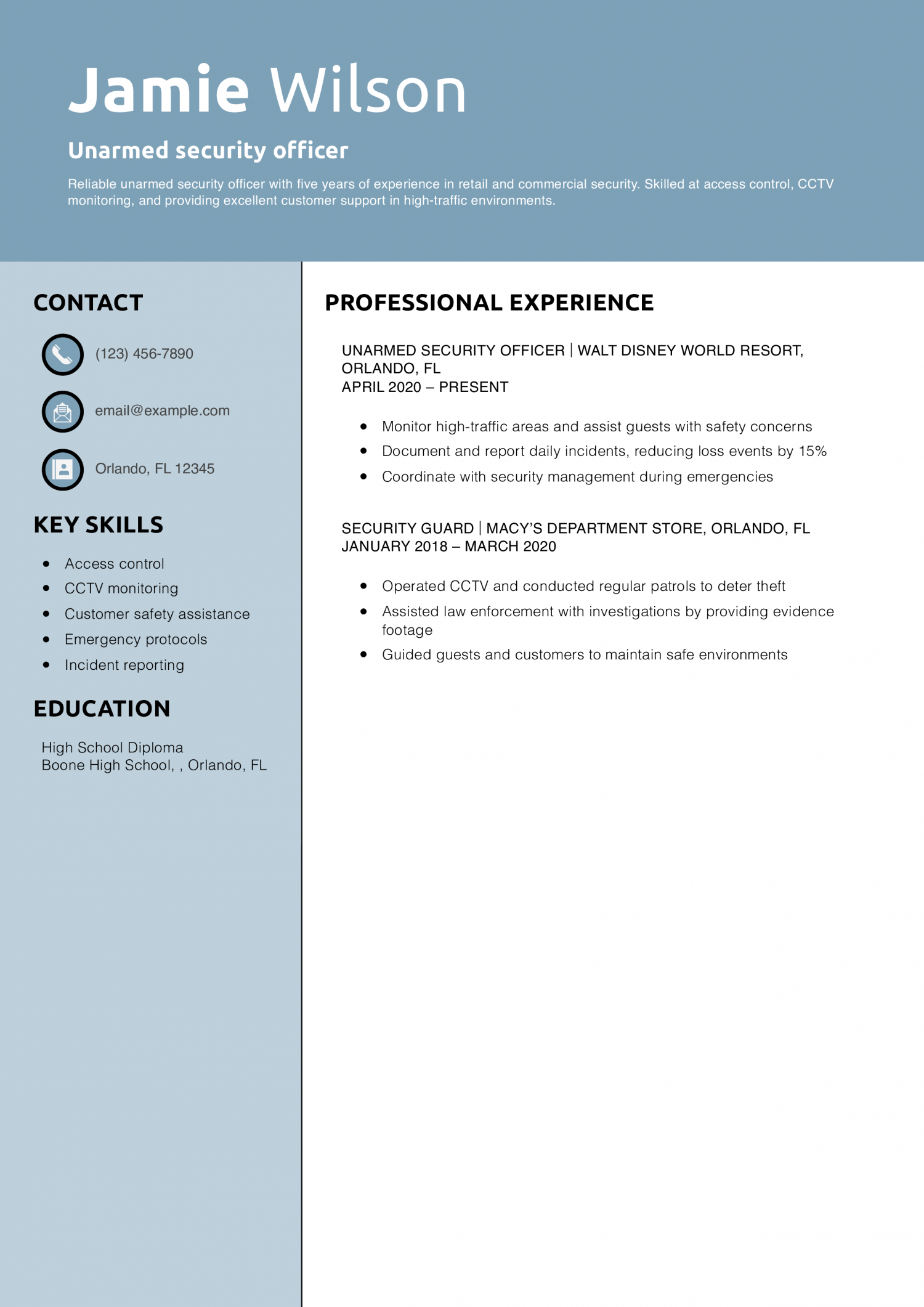 Unarmed security officer resume example