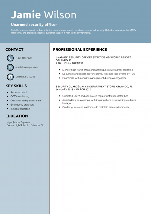Unarmed security officer resume example