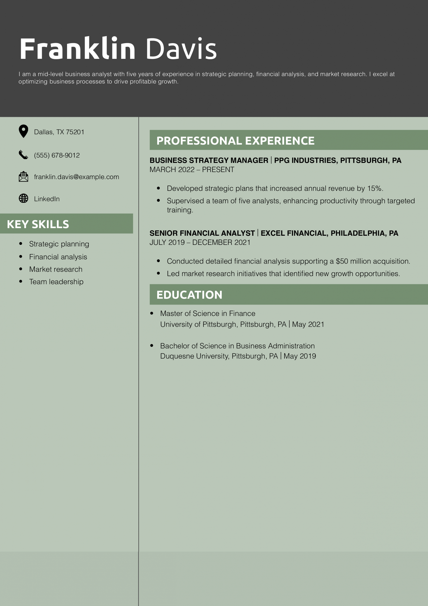 Mid-Level Business Analyst Resume Example