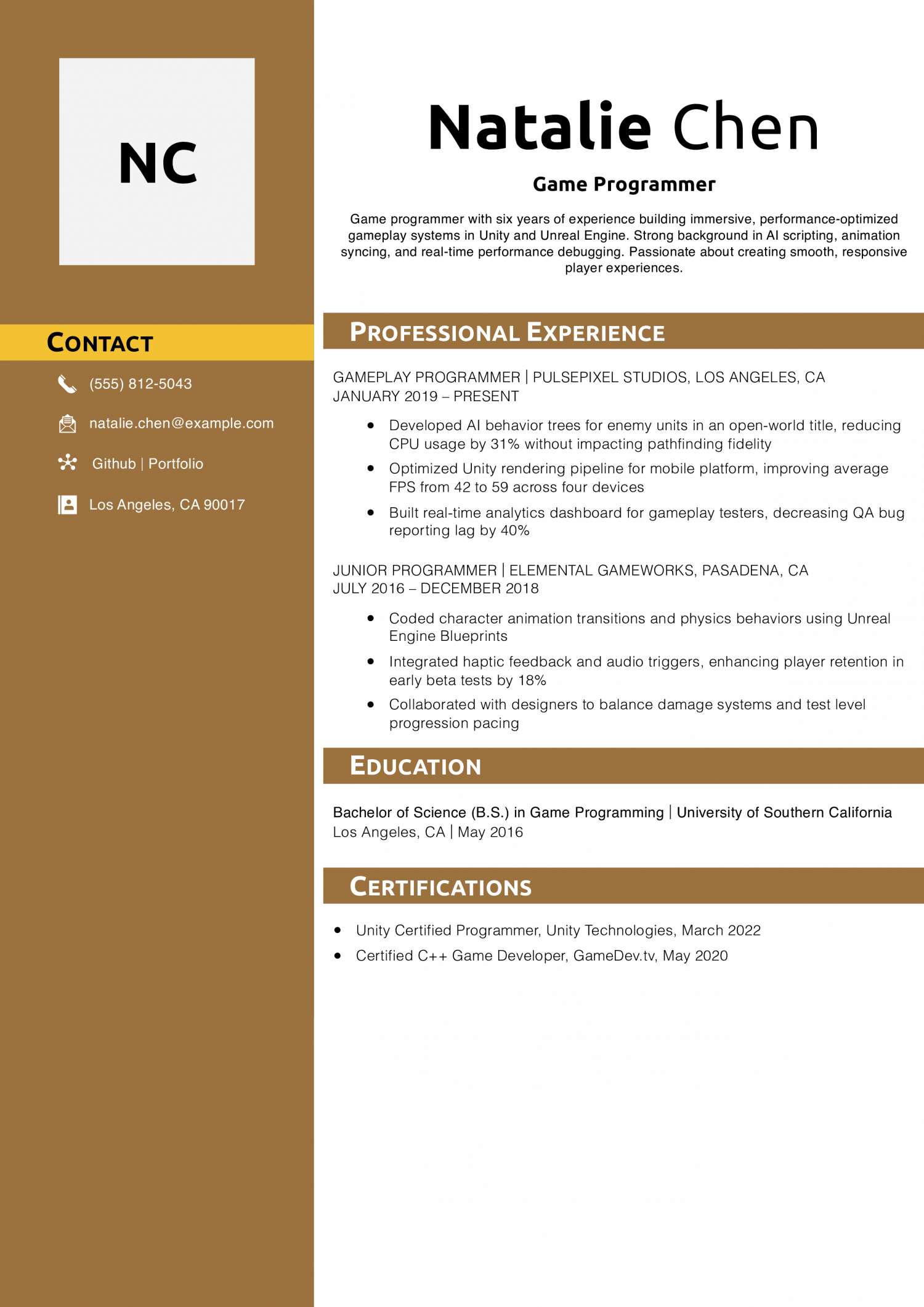 Game Programmer Resume Example
