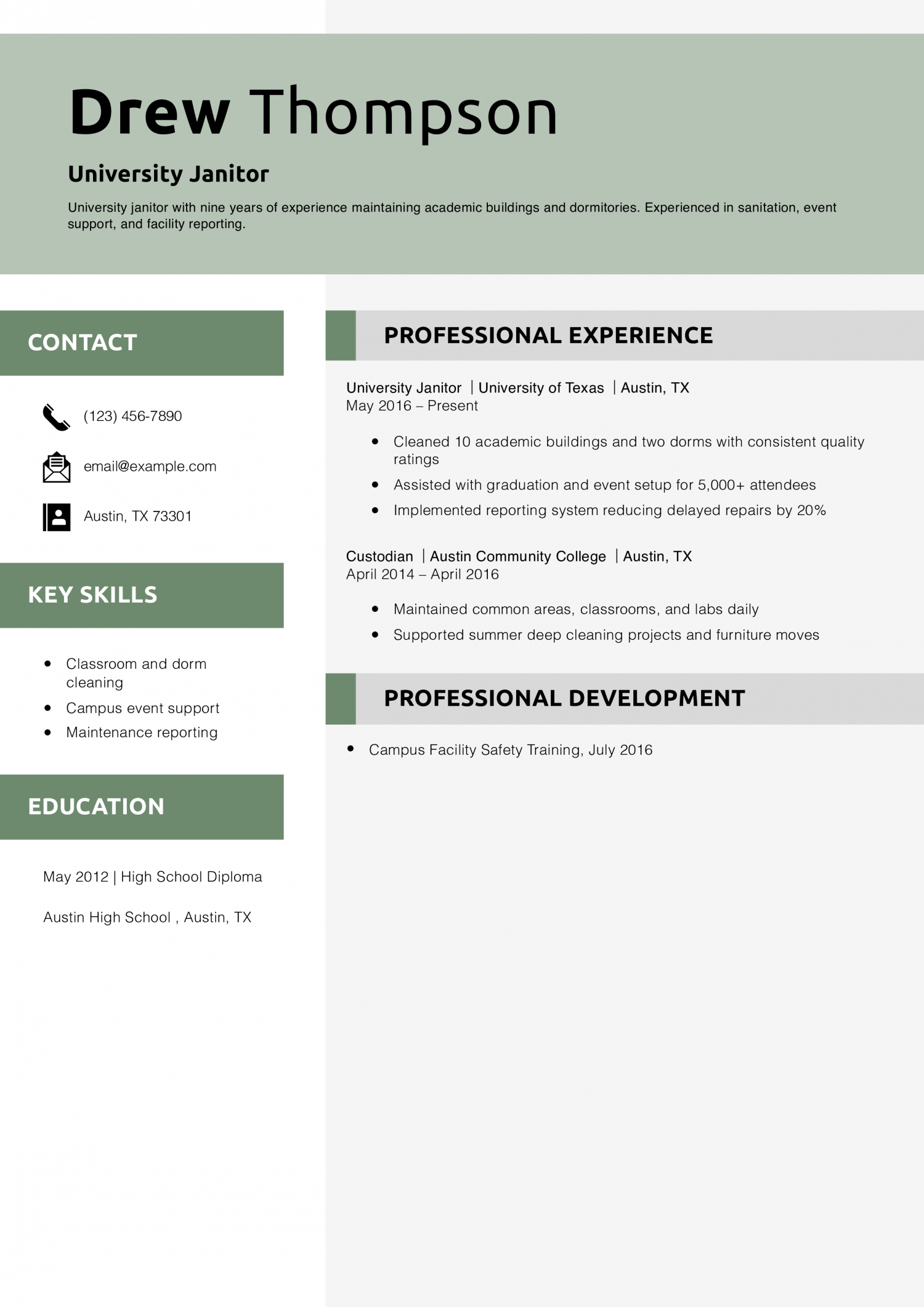 University Janitor Resume Example