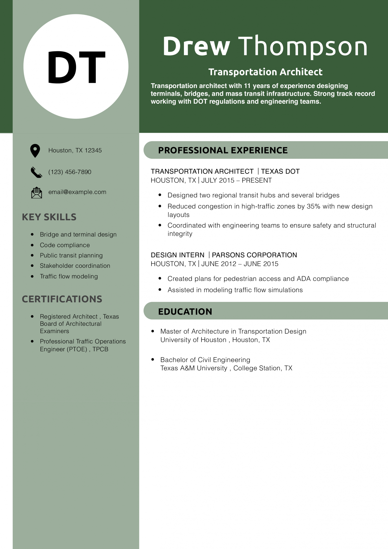 Transportation Architect Resume Example