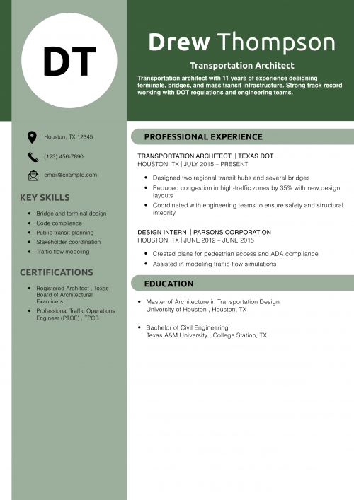 Transportation Architect Resume Example